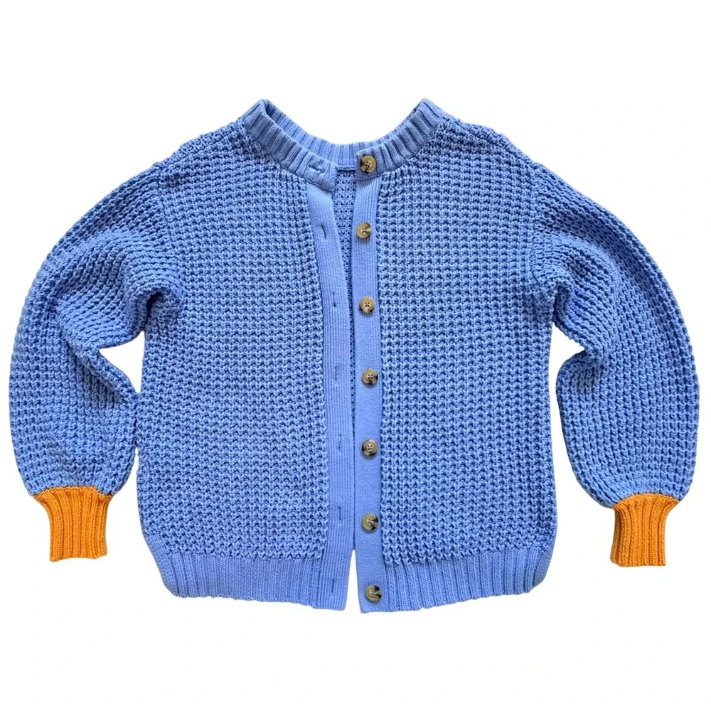 POPSUGAR Waffle Knit Cardigan Sweater Blue Mustard Yellow Cuffs Womens Medium